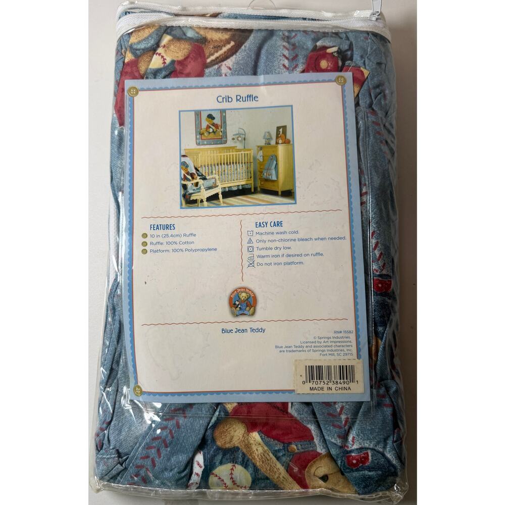 Vintage Blue Jean Teddy Baseball Bear Crib Skirt Ruffle Baby Nursery Bedding